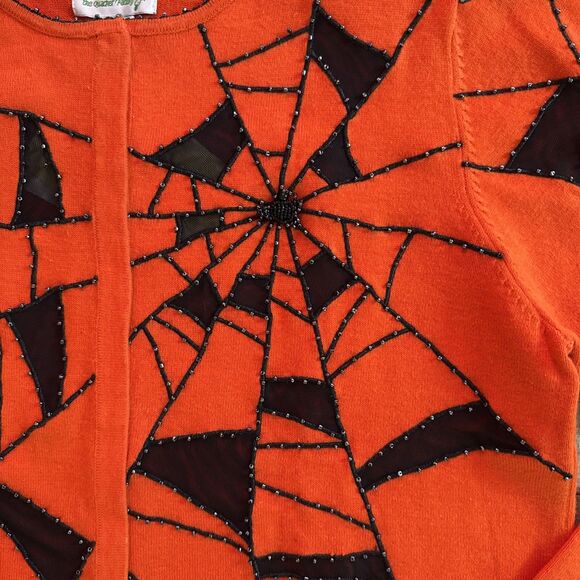 Quacker Factory Halloween Beaded Spiderweb Cardigan Womens Sz L Orange Black NEW - Picture 11 of 16